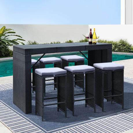 Gardeon 7 Piece Outdoor Bar Set Wicker Dining Table and Stools Black — Allure Home Collections