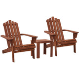 Timber adirondack chairs with side table in a garden