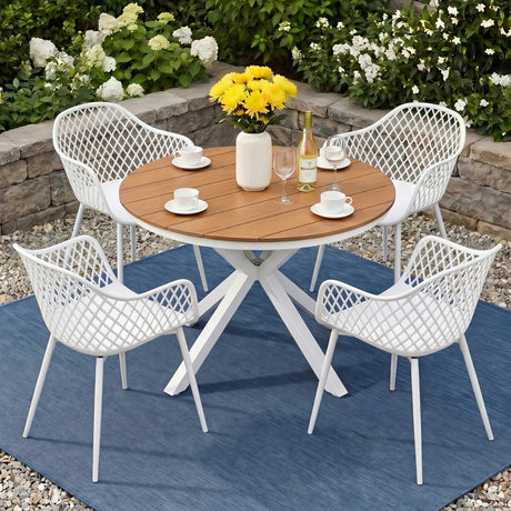 5 Piece Outdoor Dining Set, White, Diamond Weave Chairs