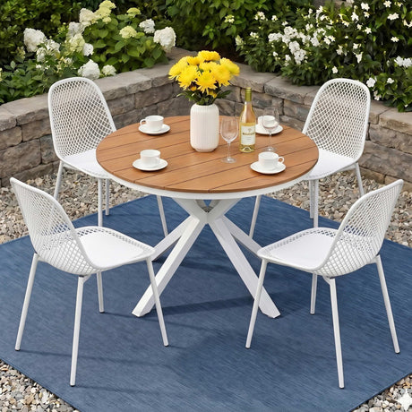 5 Piece Outdoor Dining Set, White, Lattice Weave Chairs