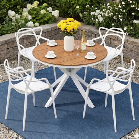 5 Piece Outdoor Dining Set, White, Cross Weave Chairs