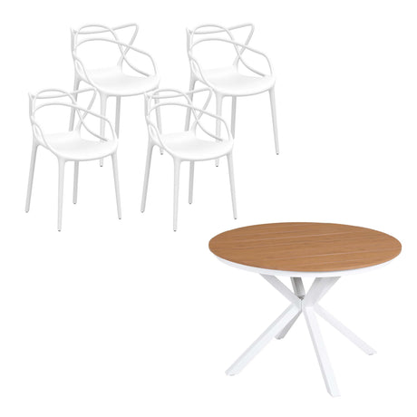 5 Piece Outdoor Dining Set, White, Cross Weave Chairs, view 3