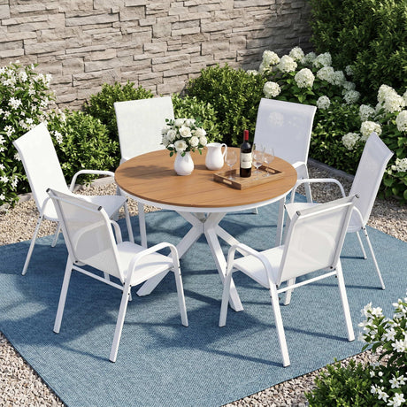 7 Piece Outdoor Dining Set, White, Textilene Stackable Chairs