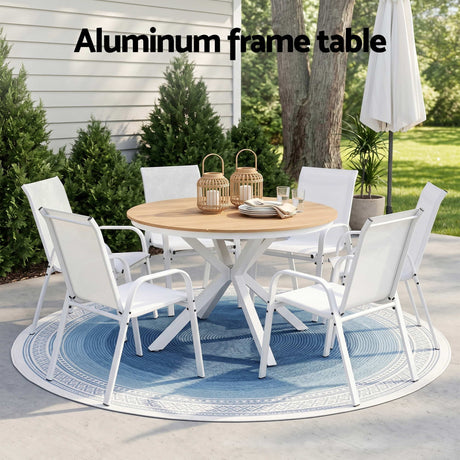 7 Piece Outdoor Dining Set, White, Textilene Stackable Chairs, view 4