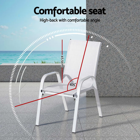 7 Piece Outdoor Dining Set, White, Textilene Stackable Chairs, view 5