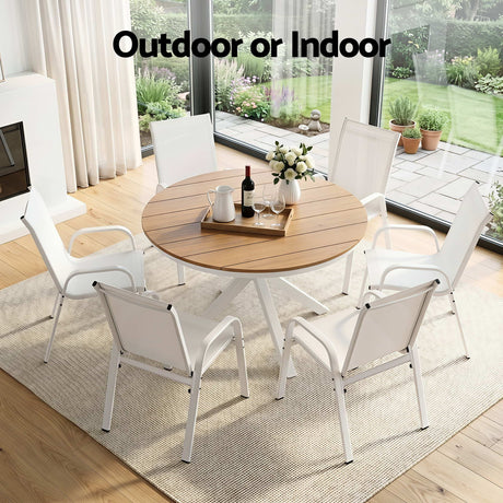 7 Piece Outdoor Dining Set, White, Textilene Stackable Chairs, view 7