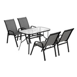 Five piece outdoor dining set with 120cm glass table and four grey Textilene chairs