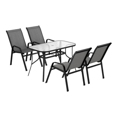 Five piece outdoor dining set with 120cm glass table and four grey Textilene chairs
