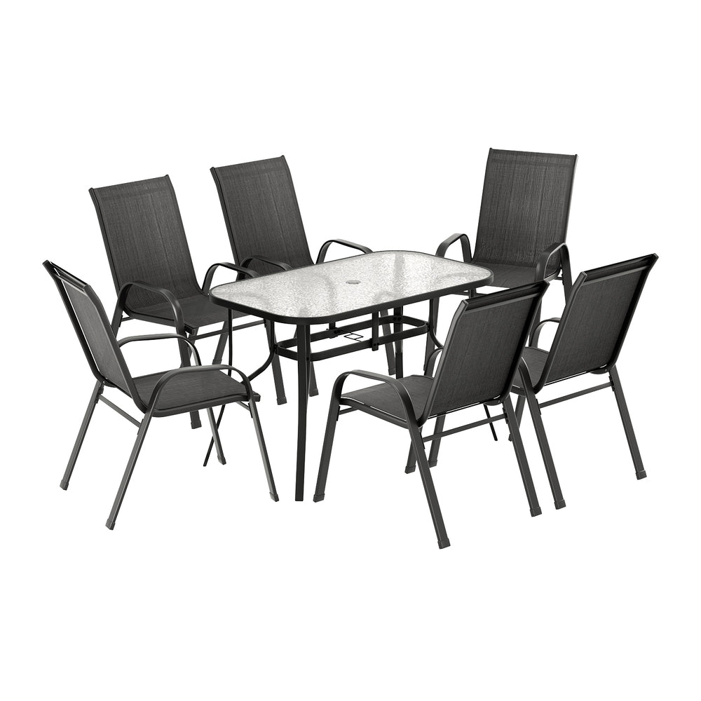 Seven piece outdoor dining set with glass table and six black Textilene chairs