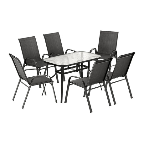 Seven piece outdoor dining set with glass table and six black Textilene chairs