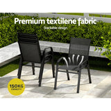 Five piece outdoor dining set with glass table and four black Textilene chairs