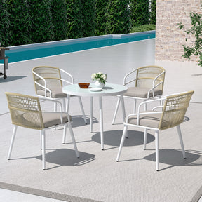 5 piece white aluminium and rope outdoor dining set with glass table and four chairs