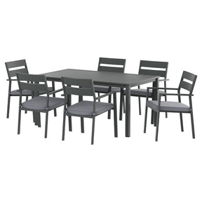 Laurieton black aluminium outdoor dining set seating six on a patio