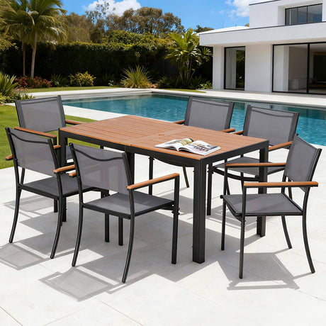 7 piece black outdoor dining set with WPC tabletop and six textilene chairs