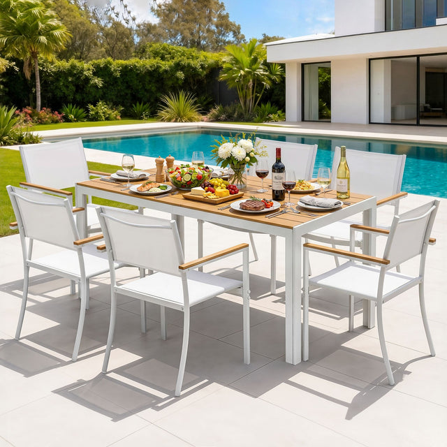 7 Piece Outdoor Dining Set, White, Slatted Table with Parasol Hole