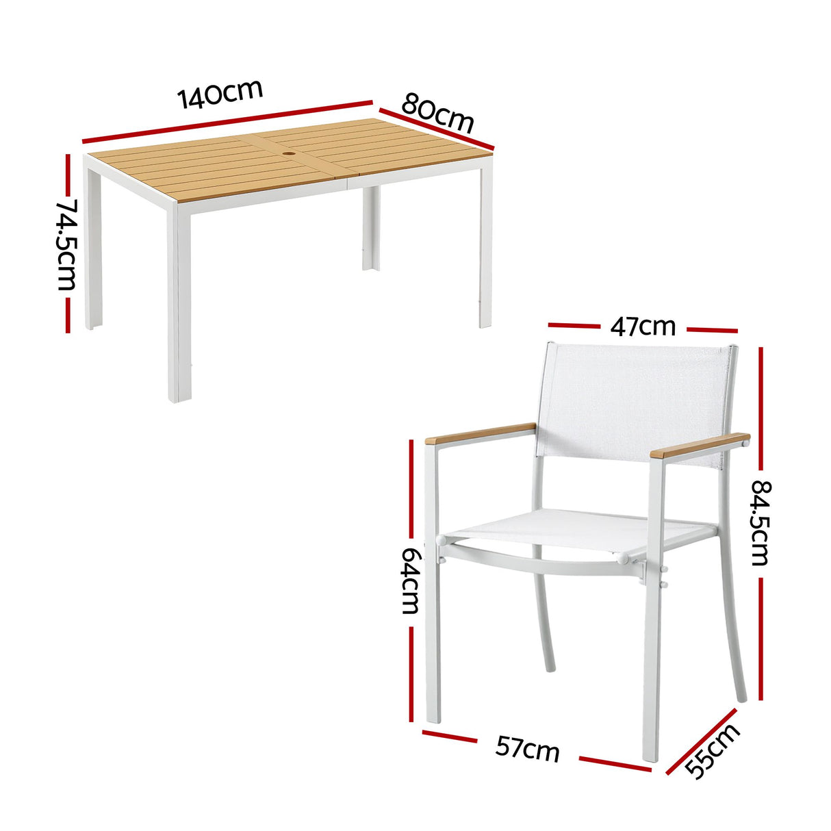 7 Piece Outdoor Dining Set, White, Slatted Table with Parasol Hole, view 2