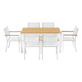 7 Piece Outdoor Dining Set, White, Slatted Table with Parasol Hole, view 3