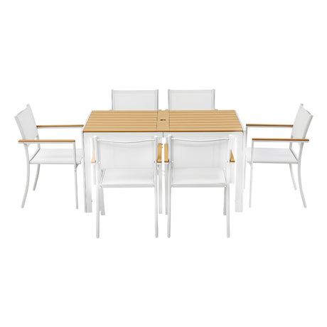 7 Piece Outdoor Dining Set, White, Slatted Table with Parasol Hole, view 3