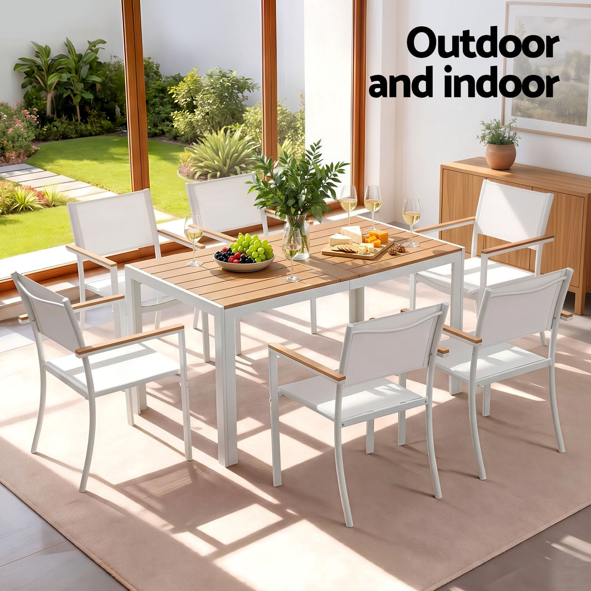 7 Piece Outdoor Dining Set, White, Slatted Table with Parasol Hole, view 7