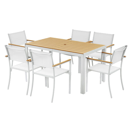 7 Piece Outdoor Dining Set, White, Slatted Table with Parasol Hole, view 8
