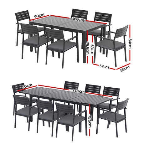 9 Piece Extendable Aluminium Outdoor Dining Set in Black