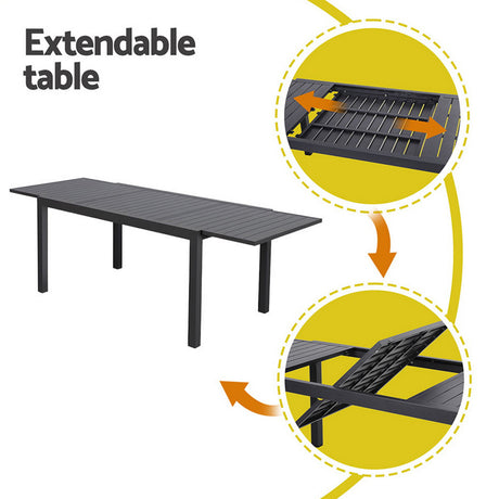 9 Piece Extendable Aluminium Outdoor Dining Set in Black
