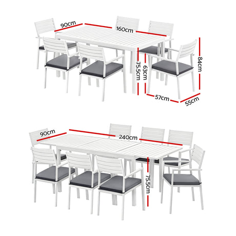 9 Piece Extendable Aluminium Outdoor Dining Set in White