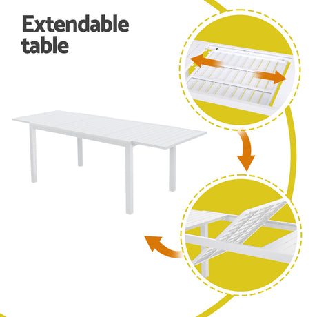 9 Piece Extendable Aluminium Outdoor Dining Set in White