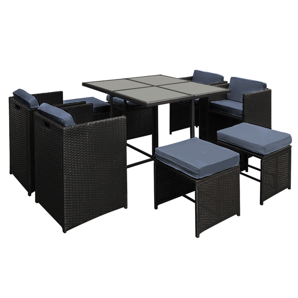 Outdoor Dining Set 9 Piece PE Wicker Table Chairs And Ottomans Black