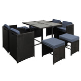 Outdoor Dining Set 9 Piece PE Wicker Table Chairs And Ottomans Black