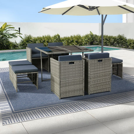 Gardeon 9 Piece Outdoor Wicker Dining Set 8 Seater Grey — Allure Home Collections