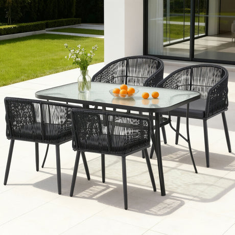5 piece black rattan outdoor dining set with glass table and four wicker chairs