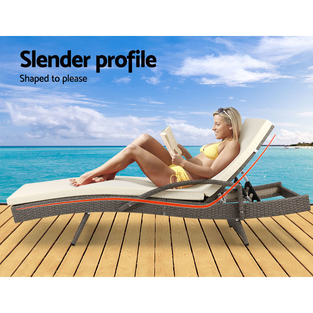 Gardeon 2 Piece Wicker Sun Lounge Beach Chair with Cushion Adjustable Grey Beige — Allure Home Collections