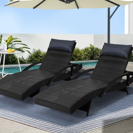 Gardeon 2 x Wicker Sun Lounge Outdoor Chair Adjustable with Armrest Black — Allure Home Collections