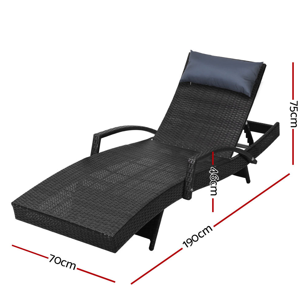 Gardeon 2 x Wicker Sun Lounge Outdoor Chair Adjustable with Armrest Black — Allure Home Collections