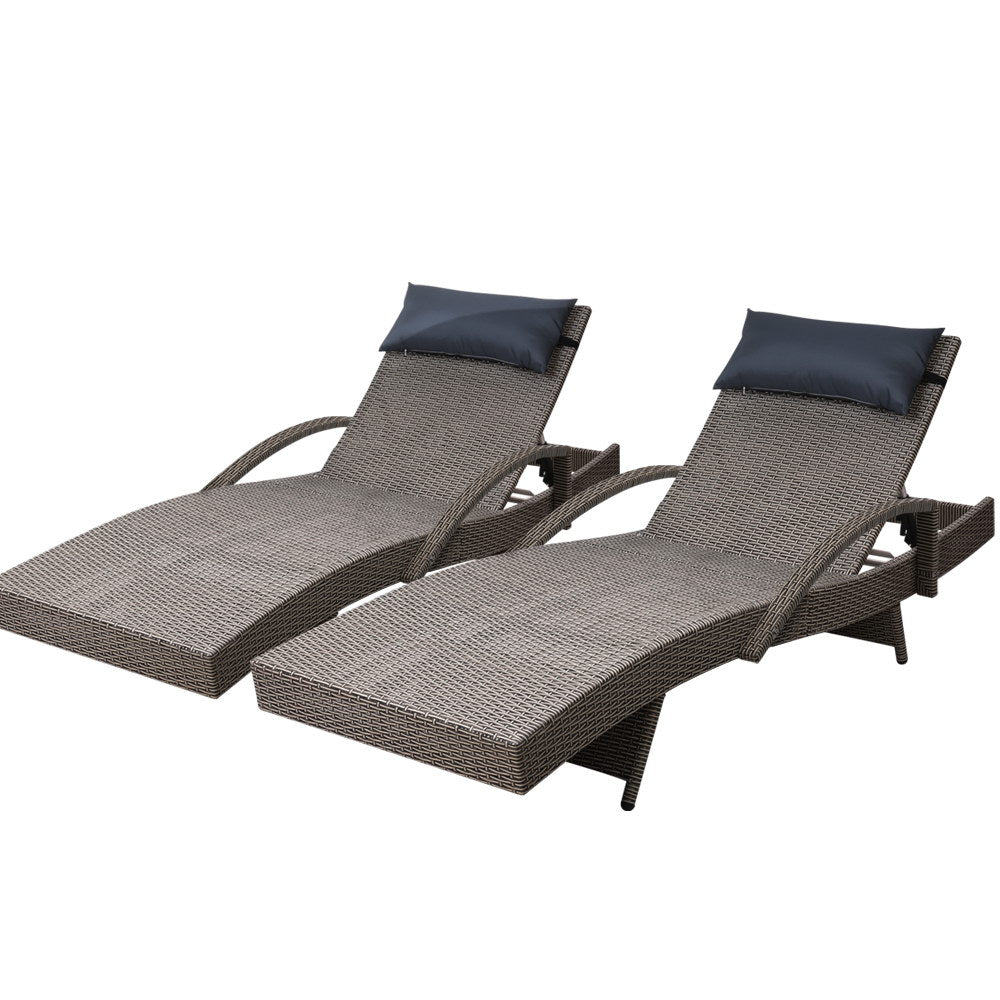 Gardeon 2 x Wicker Sun Lounge Outdoor Armchair Adjustable Grey and Beige — Allure Home Collections