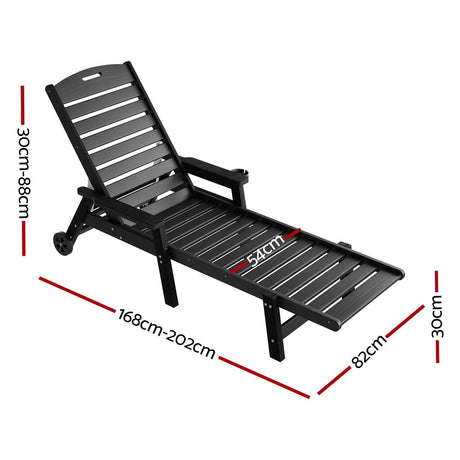 Kiama black HDPE sun lounger with wheels reclining on a patio