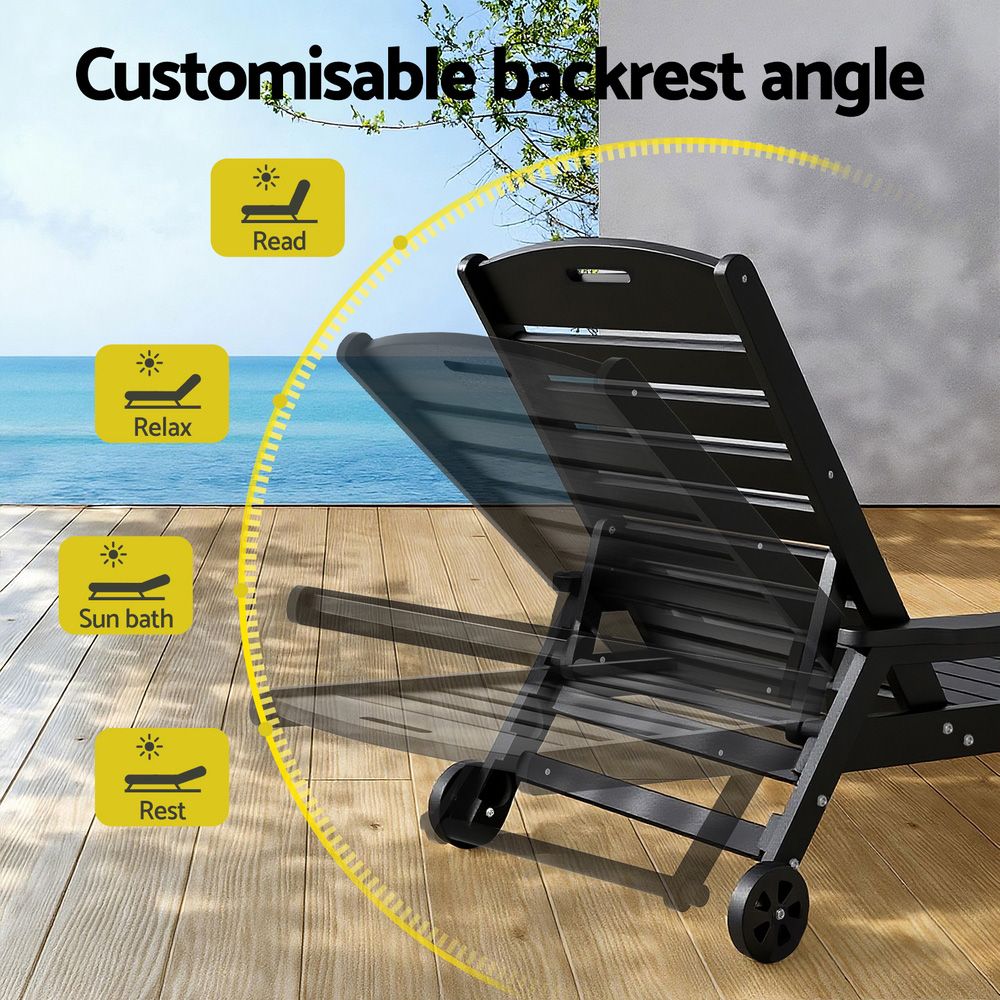 Kiama black HDPE sun lounger with wheels reclining on a patio