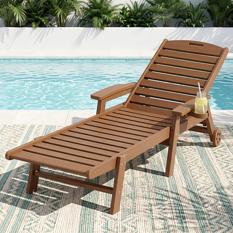 Kiama brown HDPE sun lounger with wheels reclining on a patio