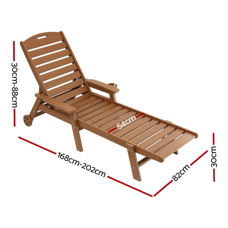 Kiama brown HDPE sun lounger with wheels reclining on a patio