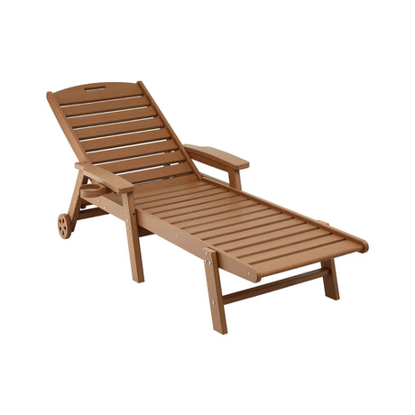 Kiama brown HDPE sun lounger with wheels reclining on a patio