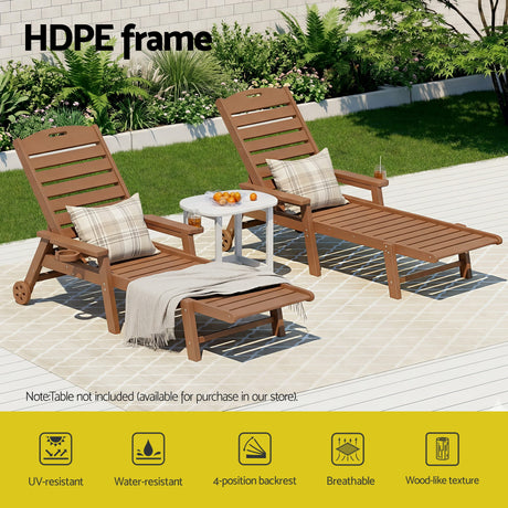 Kiama brown HDPE sun lounger with wheels reclining on a patio