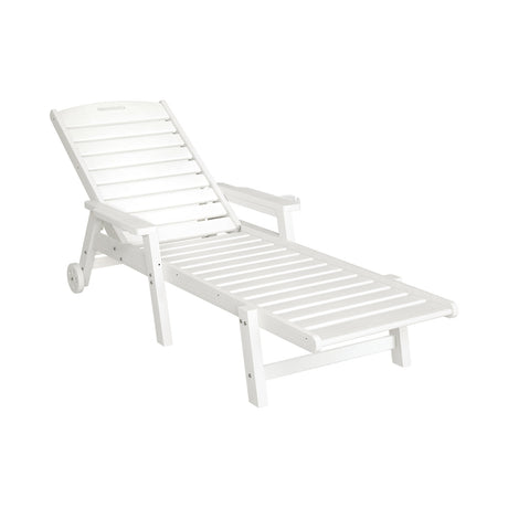 Kiama white HDPE sun lounger with wheels reclining on a patio