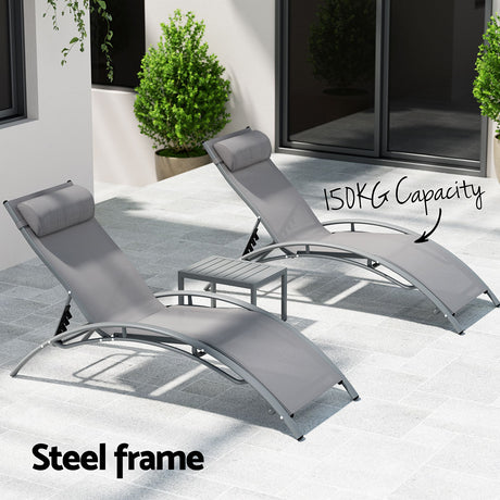 Keppel 3 Piece Sun Lounge Set, Grey Steel