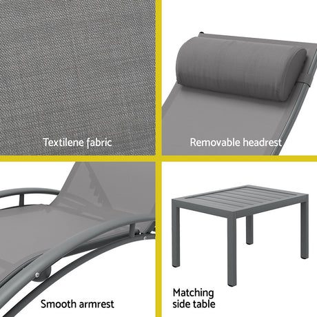 Keppel 3 Piece Sun Lounge Set, Grey Steel