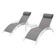 Three piece white steel sun lounge set with two reclining loungers and side table