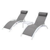 Three piece white steel sun lounge set with two reclining loungers and side table