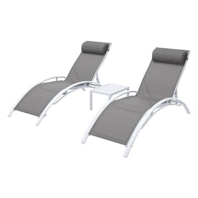 Three piece white steel sun lounge set with two reclining loungers and side table