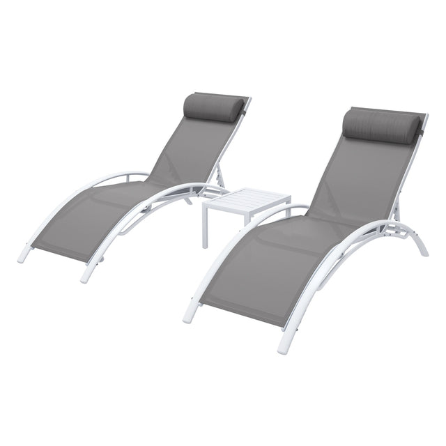 Three piece white steel sun lounge set with two reclining loungers and side table