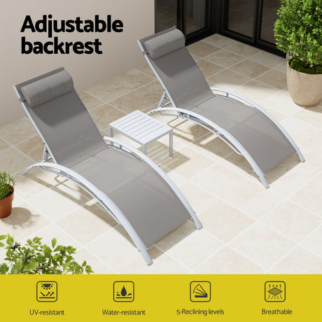 Keppel 3 Piece Sun Lounge Set, White Steel